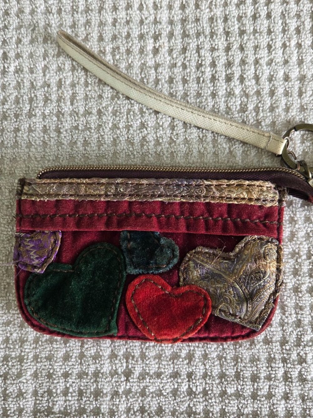 Lucky Brand Keychain Keyring Zippered Coin Purse Hearts Patchwork Y2K Hippy Boho